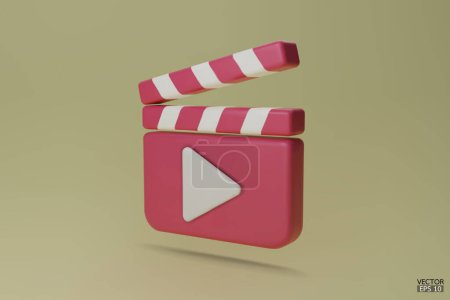 Pink Clapper icono de la placa aislado sobre fondo verde. Iconos del reproductor multimedia. Iconos de reproductor de vídeo. Tablero de película, equipo de video. Ilustraciones vectoriales 3D.