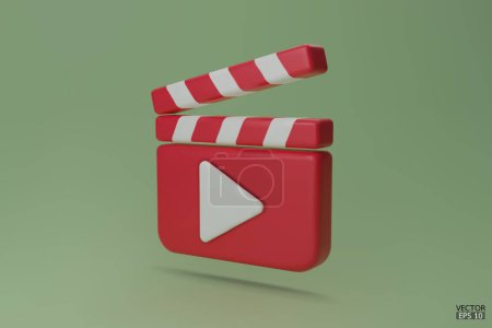 Rotes Clapper-Board-Symbol isoliert auf grünem Hintergrund. Mediaplayer-Symbole. Videoplayer-Symbole. Film clapperboard, video film equipment. 3D Vektor Illustrationen.
