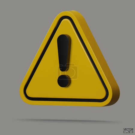 3d Realistic yellow triangle warning sign isolated on gray background. Hazard warning attention sign with exclamation mark symbol. Danger, Alert, Dangerous attention icon. 3D Vector illustration.
