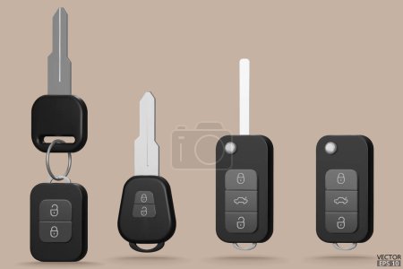 Set von elektronischen Autoschlüsseln mit Alarmanlage. Realistische schwarze Autoschlüssel sind auf beigem Hintergrund isoliert. Moderne Auto Klappschlüssel. 3D-Vektordarstellung.