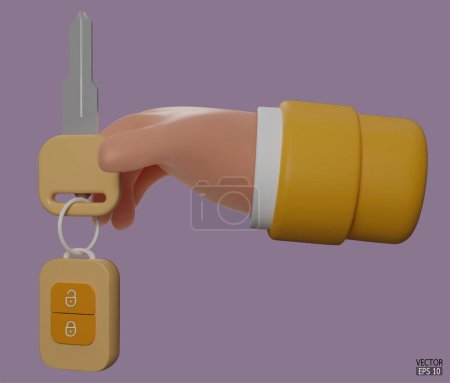 3d Karikatur Hand hält die gelben Autoschlüssel Hypothekendarlehen. Die Hand hält die gelben Schlüssel isoliert auf violettem Hintergrund. 3D-Vektordarstellung.
