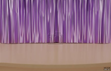Téléchargez les illustrations : Scène de théâtre vide avec rideaux de velours violet. Rideau de scène métallique violet fermé et plancher en bois. Scène d'opéra drapé toile de fond, Concert grande ouverture ou cinéma en coulisses. Illustration vectorielle 3D. - en licence libre de droit