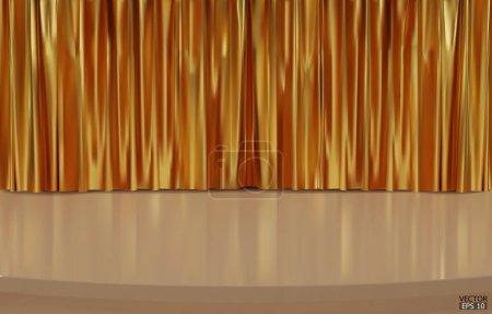 Téléchargez les illustrations : Scène de théâtre vide avec rideaux de velours doré. Rideau de scène en or fermé et plancher en bois. Scène d'opéra drapé toile de fond, Concert grande ouverture ou, cérémonie, cinéma en coulisses. Illustration vectorielle 3D. - en licence libre de droit