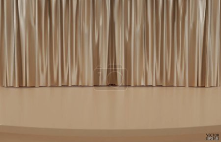 Téléchargez les illustrations : Scène de théâtre vide avec rideaux en velours doré. Rideau de scène métallique beige fermé et sol en bois. Scène d'opéra drapé toile de fond, Concert grande ouverture ou cinéma en coulisses. Illustration vectorielle 3D. - en licence libre de droit