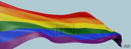 Flying LGBT flag of the lesbian, gay, bisexual, and transgender LGBT organization (en inglés). Liso elegante arco iris bandera aislada sobre fondo azul. Banner de Orgullo con Bandera LGBT. 3d vector ilustración.