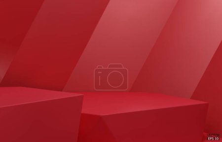 Ilustración de 3D geométrico podio de 2 pasos. Cubo de hexágono rojo, podio cuadrado en fondo rojo. Escena conceptual escaparate, producto, promoción venta, banner, presentación, cosmética. Ilustración vectorial 3D. - Imagen libre de derechos