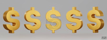 Illustration for Set of gold US dollar currency symbol isolated on gray background. Golden dollar sign. 3D signs money currency sign. 3D vector Illustration. - Royalty Free Image