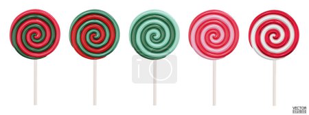 Illustration for Set of colorful Christmas lollipops isolated on white background. 3d realistic, swirl, colored sugar candies on stick. 3D Vector illustration. - Royalty Free Image