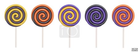 Illustration for Set of colorful Halloween lollipops isolated on white background. 3d realistic, swirl, colored sugar candies on stick. 3D Vector illustration. - Royalty Free Image