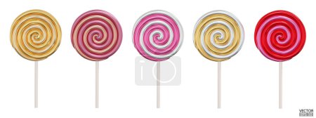 Ilustración de Conjunto de piruletas dulces coloridas metálicas aisladas sobre fondo blanco. 3d realista, remolino, caramelos de azúcar de colores en palo. Piruleta de oro. Ilustración vectorial 3D. - Imagen libre de derechos