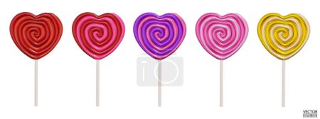 Illustration for Set of heart colorful sweet lollipops isolated on white background. 3d realistic, swirl, colored sugar candies on stick. Gold lollipop. 3D Vector illustration. - Royalty Free Image