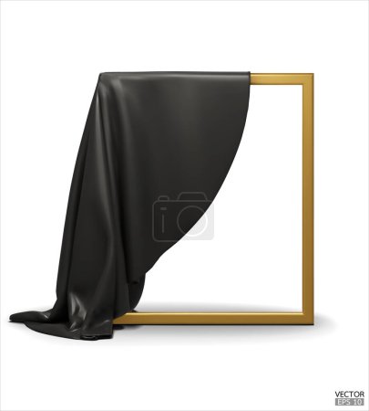 Black Silk fabric unveiling a golden empty frame isolated on white background. Black satin covered objects. 3d vector illustration.