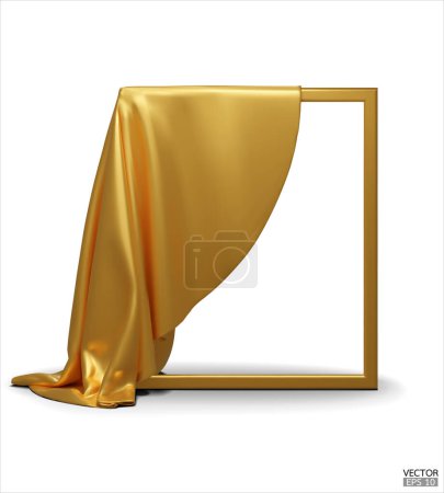 Gold Silk fabric unveiling empty frame isolated on white background. Golden satin covered objects. 3d vector illustration.