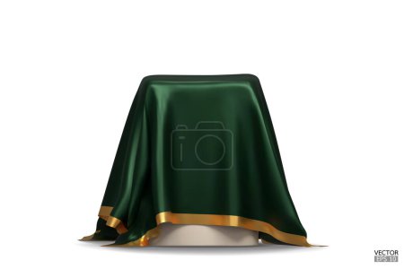 The podium is covered with a piece of dark green silk with gold stripes. Realistic box covered with green cloth. Podium for product, cosmetic presentation. Creative mock up. 3d vector illustration.