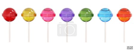 Illustration for Set of Round colorful sweet lollipops isolated on white background. 3d realistic, colored sugar candies on stick. 3D Vector illustration. - Royalty Free Image