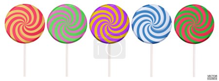 Illustration for Set of colorful sweet lollipops isolated on white background. 3d realistic, swirl, colored sugar candies on stick. 3D Vector illustration. - Royalty Free Image