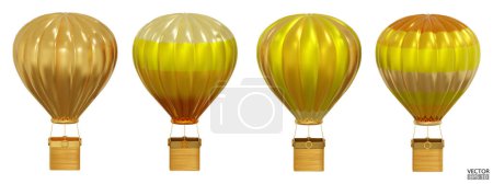3D goldene Heißluftballons mit goldenen Körben reisen isoliert auf weißem Hintergrund. Sommerliche Ballonfahrt. 3D-Vektordarstellung.