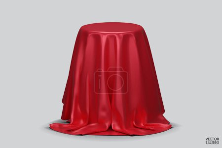 Podium covered with a piece of red silk isolated on background. Realistic box covered with red cloth. Podium for product, cosmetic presentation. Creative mock up. 3d vector illustration.