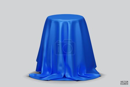 Illustration for Podium covered with a piece of Blue silk isolated on background. Realistic box covered with Blue cloth. Podium for product, cosmetic presentation. Creative mock up. 3d vector illustration. - Royalty Free Image