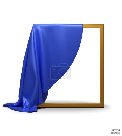 Blue Silk fabric unveiling a golden empty frame isolated on white background. Blue satin covered objects. 3d vector illustration.