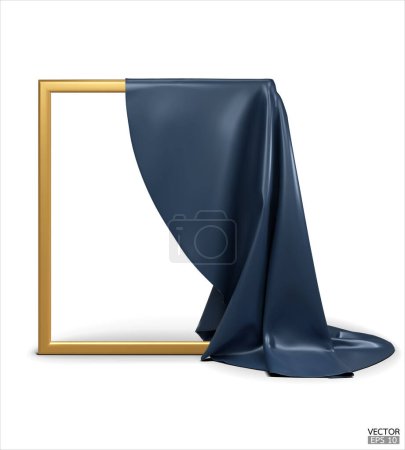 Blauer Seidenstoff enthüllt einen goldenen leeren Rahmen, isoliert auf weißem Hintergrund. Mit blauem Satin überzogene Objekte. 3D-Vektor-Illustration.