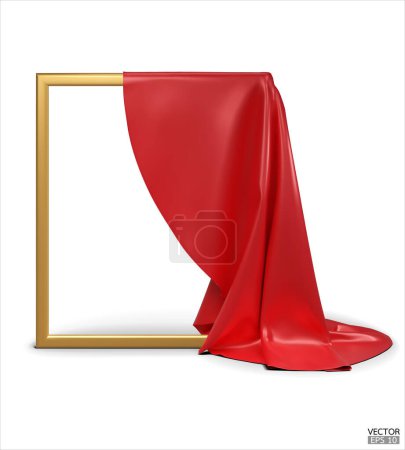 Tissu Soie rouge dévoilant un cadre vide doré isolé sur fond blanc. Objets couverts de satin rouge. Illustration vectorielle 3D.