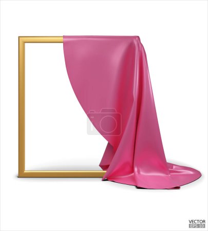 Tissu en soie rose dévoilant un cadre vide doré isolé sur fond blanc. Objets couverts de satin rose. Illustration vectorielle 3D.