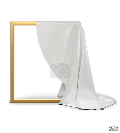 Weißer Seidenstoff enthüllt einen goldenen leeren Rahmen, isoliert auf weißem Hintergrund. Mit weißem Satin überzogene Objekte. 3D-Vektor-Illustration.