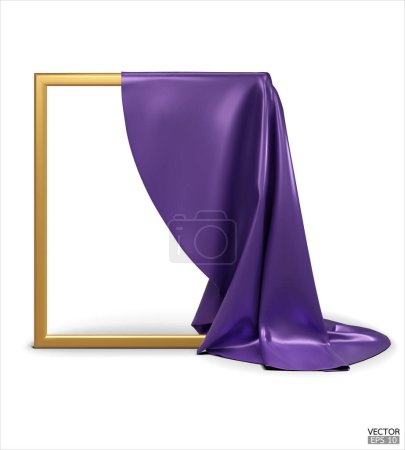 Tissu en soie pourpre dévoilant un cadre vide doré isolé sur fond blanc. Objets couverts de satin violet. Illustration vectorielle 3D.
