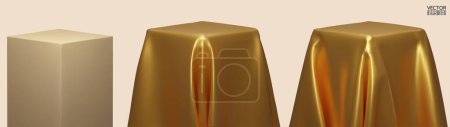 Set von Podium mit einem Stück goldener Seide auf dem Hintergrund isoliert bedeckt. Realistische Schachtel mit goldenem Tuch überzogen. Podium für Produkt, kosmetische Präsentation. Kreative Attrappe. 3D-Vektor-Illustration.