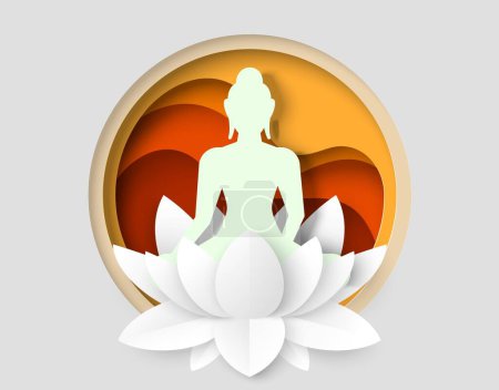 Illustration for Silhouette figure in lotus flower vector. Yoga logo. Female sitting feeling calm and peace of brain illustration. Body, spirit and mind balance exercise. Spiritual wellness workout - Royalty Free Image