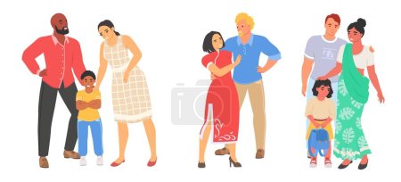 Internationaler Paarungsvektor. Menschen aus verschiedenen Ländern, die einander lieben. Mann und Frau ehelichen flache Zeichentrickfigur. Glückliches multirassisches Familien- und Liebeskonzept