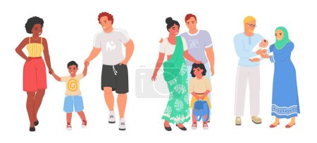 Illustration for Interracial family couple with children vector set isolated on white background. Happy multiracial man and woman spouse with kids illustration. People pairs relationship in love concept - Royalty Free Image