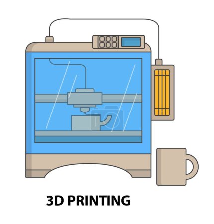 Illustration for 3d printing vector. Machine to prototype model illustration. Manufacturing technology, industry innovation to create volumetric plastic material and modeling construction work - Royalty Free Image
