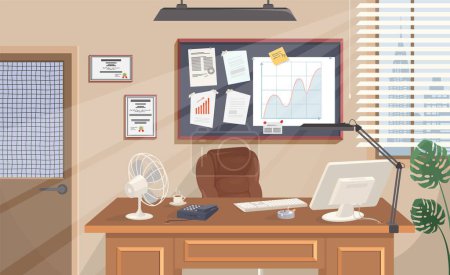 Illustration for Boss office cabinet vector flat interior design. Work office background. Room furnished with desk and armchair illustration. Empty workplace inside corporate building - Royalty Free Image