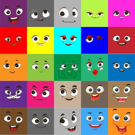 Ilustración de Icono de vector emoji cuadrado. Emoticon sonrisa cara de dibujos animados. Divertido juego de personajes. Linda ilustración geométrica. Sonriente avatar facial con emoción feliz - Imagen libre de derechos