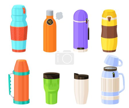 Illustration for Thermos cartoon vector. Thermo cup isolated set. Reusable flask for hot coffee, warm tea and water illustration. Plastic and vacuum stainless steel bottle with lid on white background - Royalty Free Image