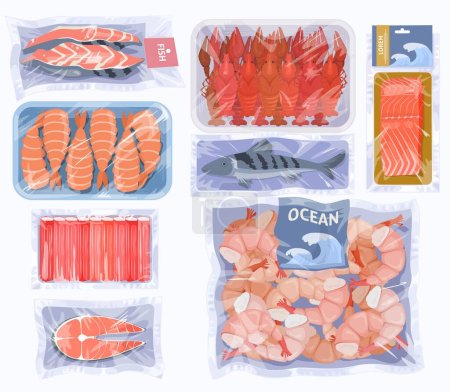 Vakuumverpackung mit einem Vektorset für Meeresfrüchte. Lachsfilet, Hering, Tintenfisch, Garnelenfisch, Muscheln, Krabbenspieße Meeresfrüchte Illustration. Lebensmittel aus dem Supermarkt mit langfristiger Lagerung
