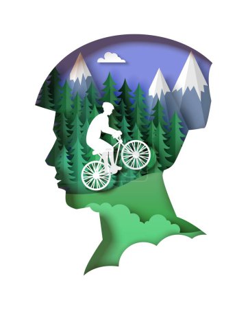 Illustration for Cross country cycling creative vector. Bicyclist head in helmet with biker overcoming mountain rout illustration in paper cut art style. Extreme sports in mountainous area - Royalty Free Image