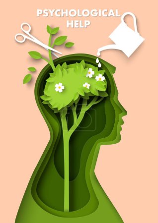 Illustration for Psychological help and support vector illustration. Anxiety syndrome, ptsd an mental disorder therapy. Patient head with growing tree inside, watering can and scissors paper cut art style design - Royalty Free Image