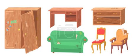 Muebles viejos, juego de vectores de cosas de habitación rota. Sofá, silla y sillón con la superficie rota, mesa dañada, cómoda y armario en necesidad de reparación y renovación ilustración