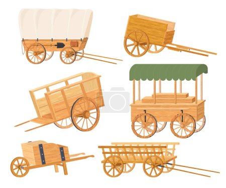Carros de madera y carretilla aislado vector conjunto. Vehículos agrícolas o de jardín de madera vintage, viejo carro del oeste salvaje, ilustración tradicional de la rueda de carro de carga