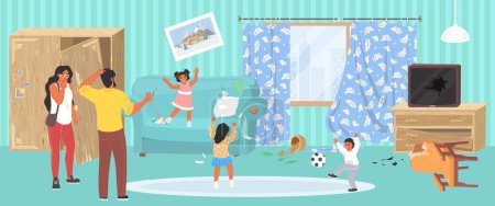 Illustration for Naughty mischievous children in messy room vector illustration. Frustrated parents and kids having fun in untidy living-room with broken furniture. Parenting and education - Royalty Free Image