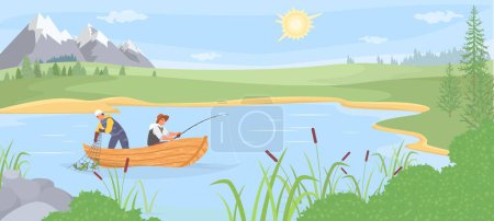 Téléchargez les illustrations : Pêcheur utilisant la canne à pêche et le filet en bateau sur l'illustration vectorielle du paysage d'été. Personnage mâle attrapant des poissons. Sport et hobby concept - en licence libre de droit