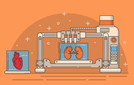 Illustration for Medical 3d printer vector. Heart and kidney internal human body organ printing illustration. Medicine, engineering and modeling - Royalty Free Image