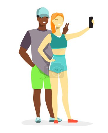 Illustration for Happy multiethnic couple selfie photo by mobile phone camera vector illustration. Young hipster family picture made on smartphone. Man and woman portrait - Royalty Free Image