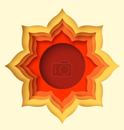 Illustration for Paper cut frame vector. Orange second swadhisthana chakra art craft design origami style. Yoga meditation logo template with lotus flower symbol - Royalty Free Image
