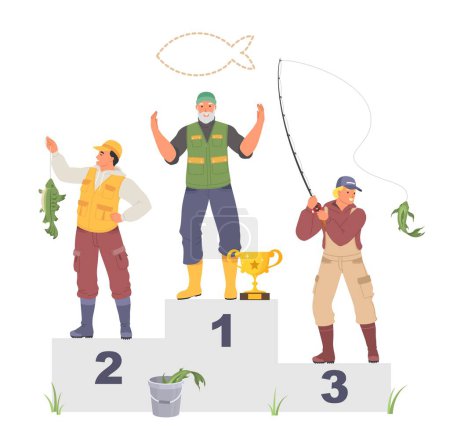 Illustration for Fishers competition vector illustration. Fisherman holding prize sport trophy award. Winner achievement at fishing event. Hobby and championship tournament - Royalty Free Image