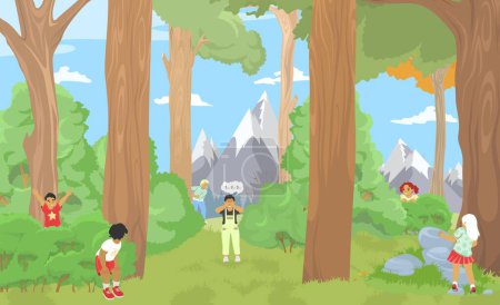 Little kids playing hide and seek game in forest vector illustration. Cartoon children summer vacation activity in mountain camp