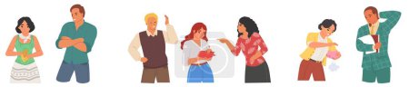 Illustration for Man and woman no money vector set. People holding empty wallet. Aggressive parent and stressed poor daughter, unemployed employee without savings, sad wife showing purse to husband illustration - Royalty Free Image